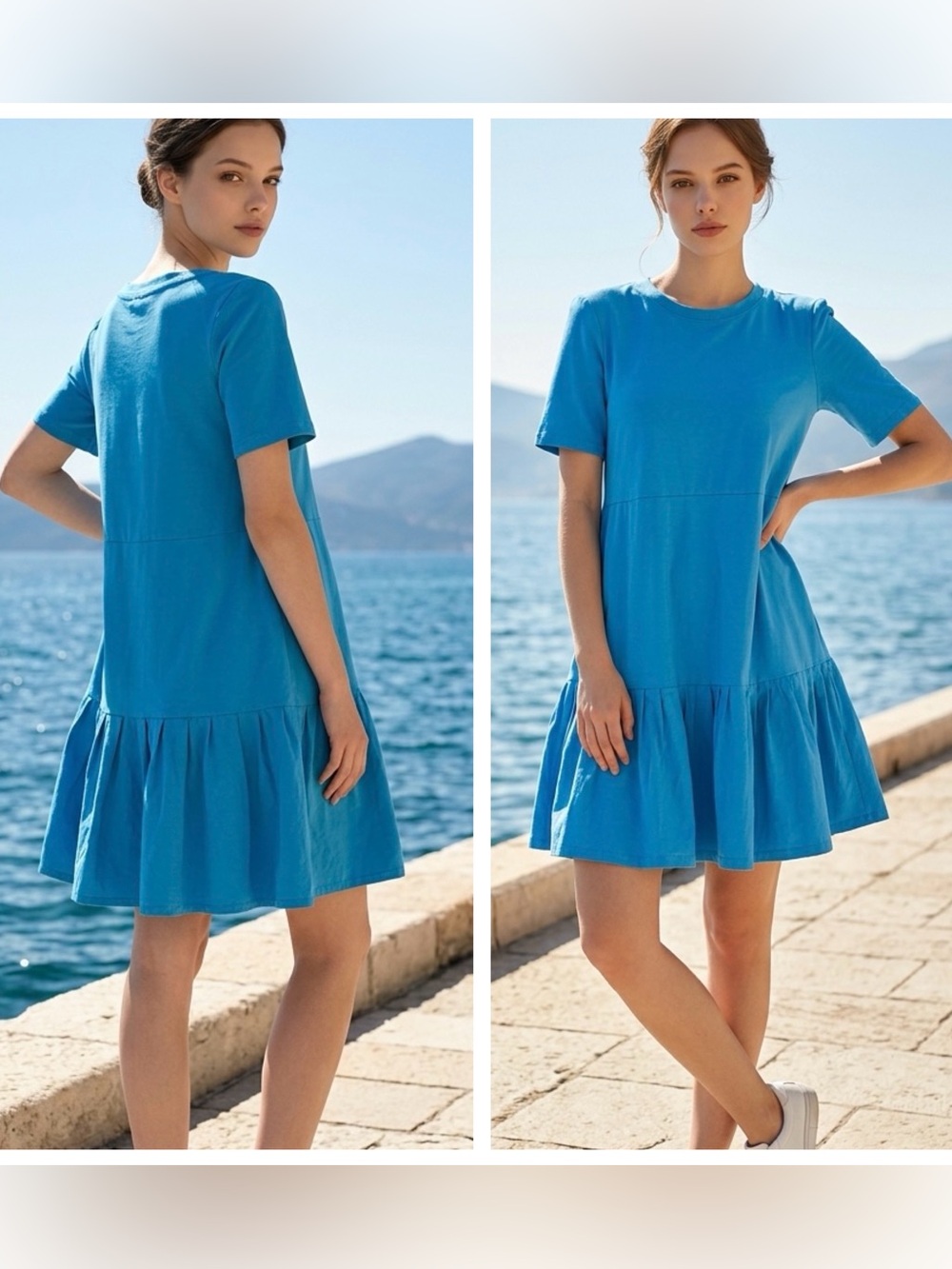 COS Women Sz XS Ruffled Babydoll Pullover Sky Blue Dress crew neck pockets